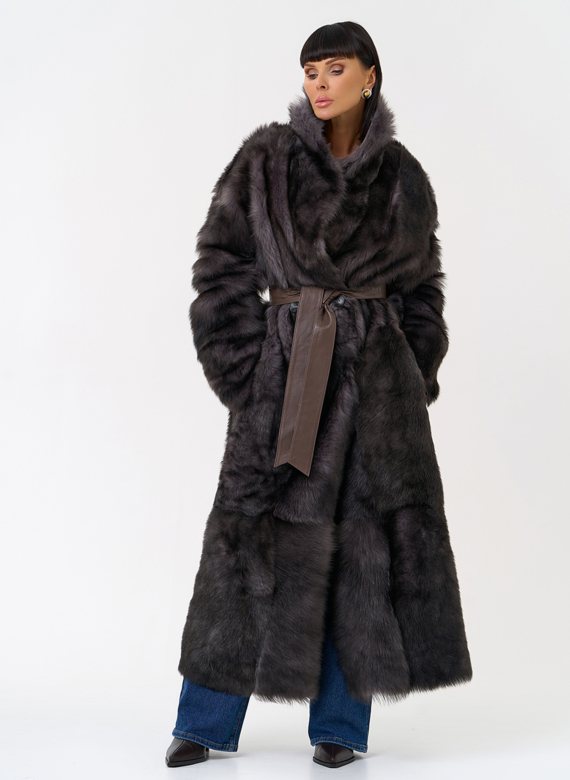 Женская двухсторонняя дубленка с поясом