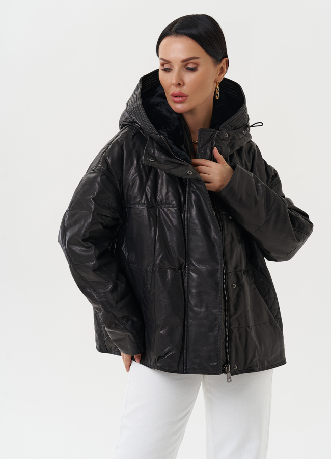 Утепленная куртка из натуральной кожи с капюшоном модель № 28111 универмаг малина