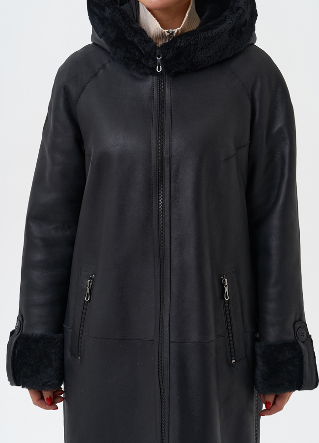 Натуральная дубленка с капюшоном модель № 28956 универмаг малина