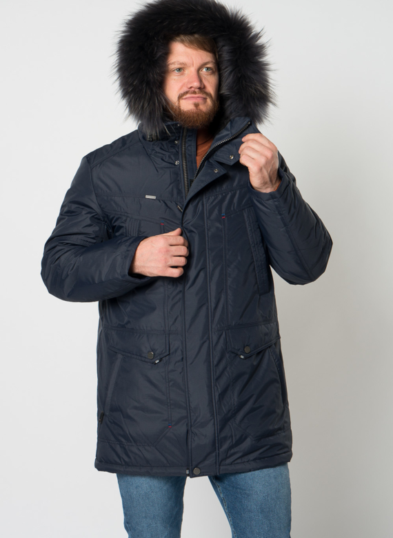 Полупальто мужское синего цвета с отделкой из енота