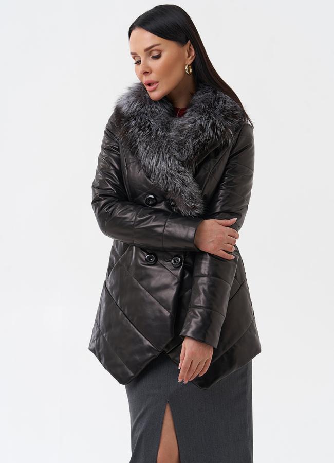Кожаный пуховик с мехом из чернобурки модель № 29406 универмаг малина