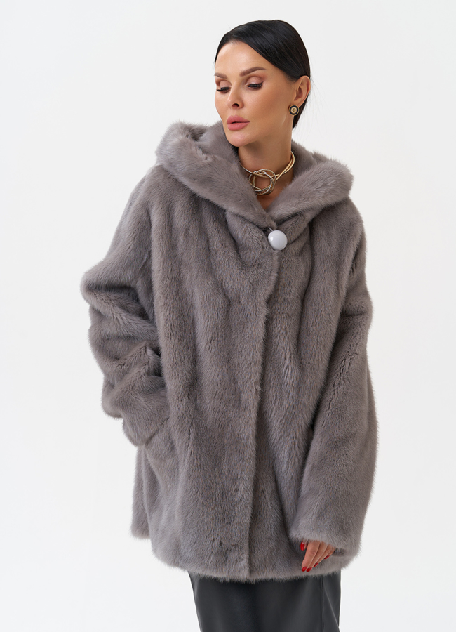 Женская норковая шуба с капюшоном  модель № 28786 универмаг малина