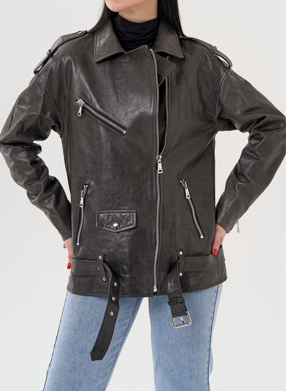 Длинная косуха из натуральной кожи серого цвета