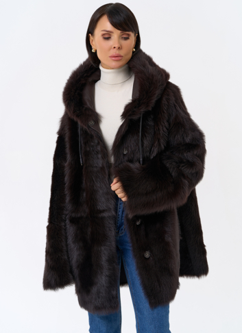 Женская двухсторонняя дубленка с капюшоном