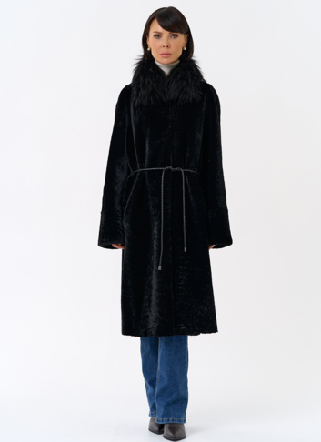 Женская двухстороняя дубленка с воротником из меха чернобурой лисы