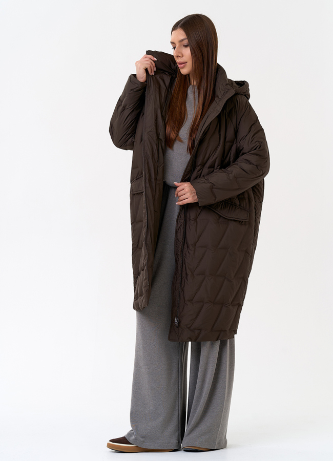 Женское свободное пальто с капюшоном модель № 31386 универмаг малина