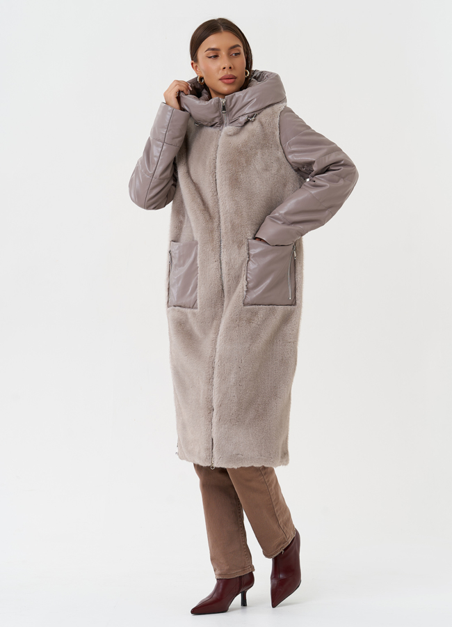 фото Комбинированный пуховик из эко кожи с капюшоном модель № 28518