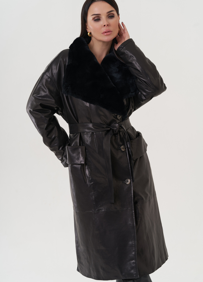 Пальто женское из натуральной кожи с отделкой из кролика  модель № 25377 универмаг малина