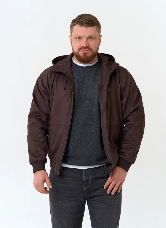 Мужская куртка бомбер из эко замши с капюшоном фото