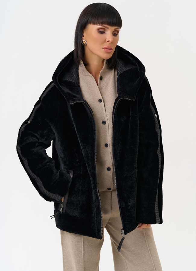 Женская двухсторонняя дубленка с капюшоном модель № 31482 универмаг малина