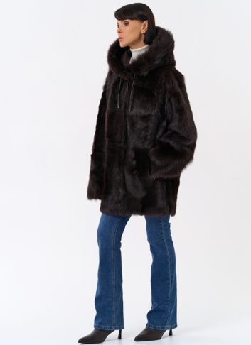Женская двухсторонняя дубленка с капюшоном