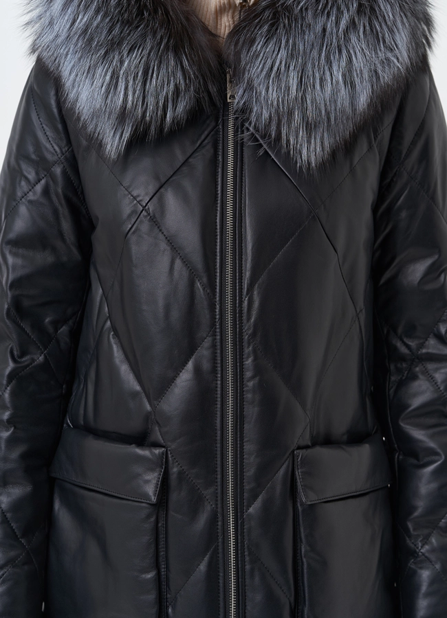 Женский кожаный пуховик с капюшоном модель № 28908 универмаг малина