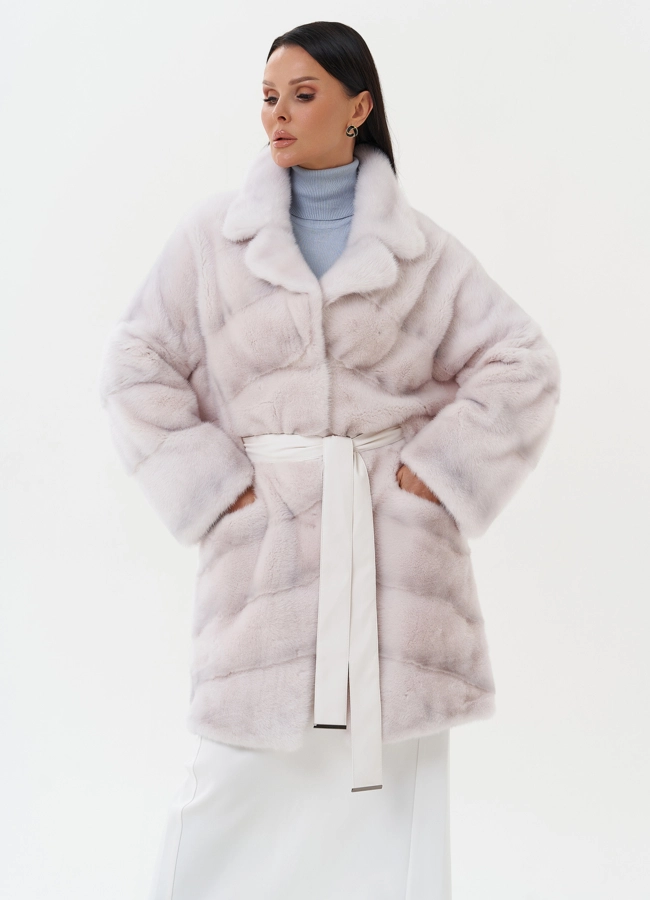 Шуба из норки с английским воротником  модель № 25599 меха малина фото