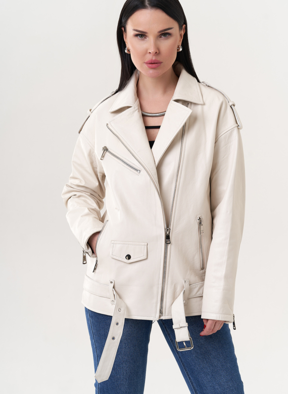 Светлая куртка "косуха" из натуральной кожи