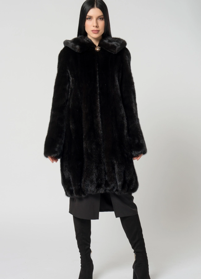 фото Норковая шуба с капюшоном модель № 25929
