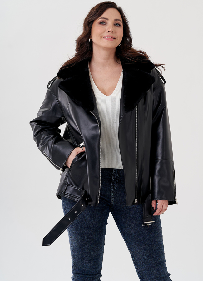 Куртка-косуха из эко кожи на утеплителе с натуральным мутоном модель № 24213 универмаг малина