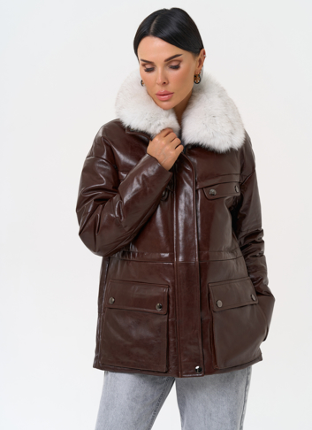 Коричневый кожаный пуховик