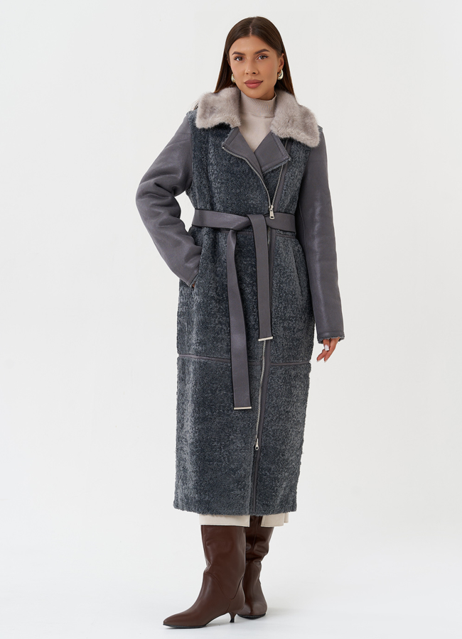 Длинная дубленка из эко кожи модель № 27785 меха малина