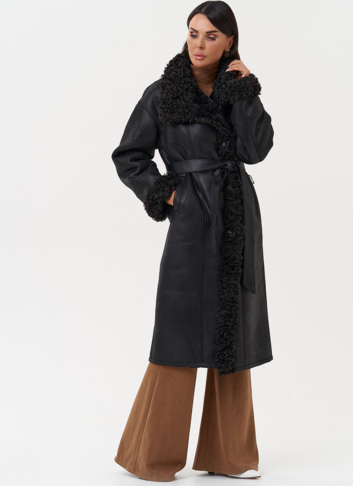 Женская дубленка из эко замши с поясом