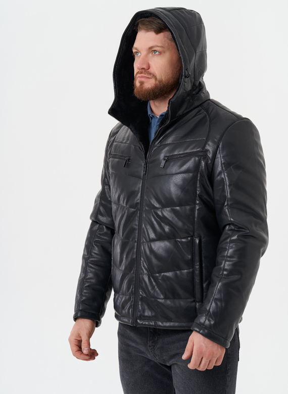 Утепленная куртка из эко кожи с капюшоном