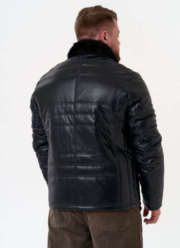 Пуховик из эко кожи с воротником стойкой