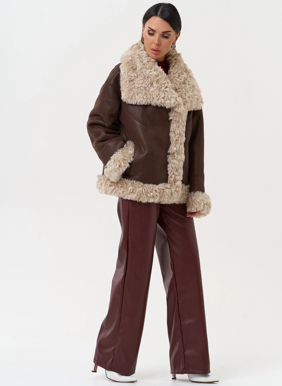 Дубленка из эко замши с высоким воротником